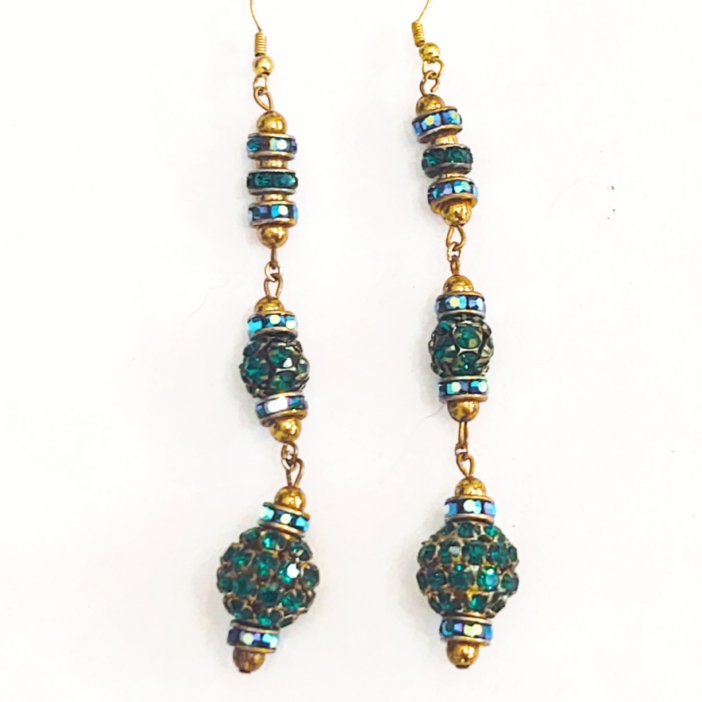 Vintage Green Crystal AB and Gold Pierced Long Dangle Earrings